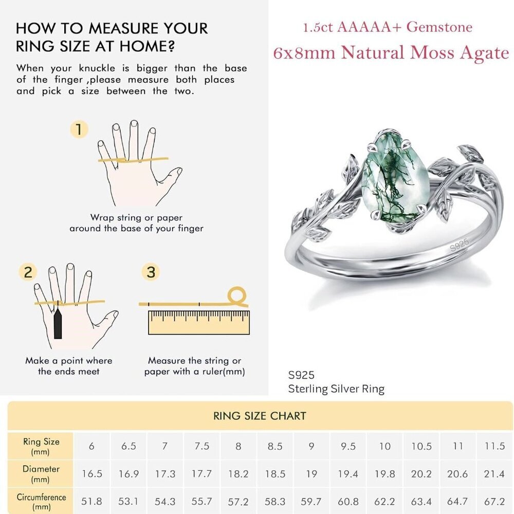 Natural Moss Agate Ring 925 Sterling Silver Opal Birthstone Ring 925 Sterling Si - Picture 5 of 6